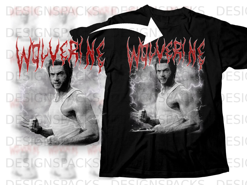 Black t-shirt with Wolverine graphic, lightning, and red "WOLVERINE" text.