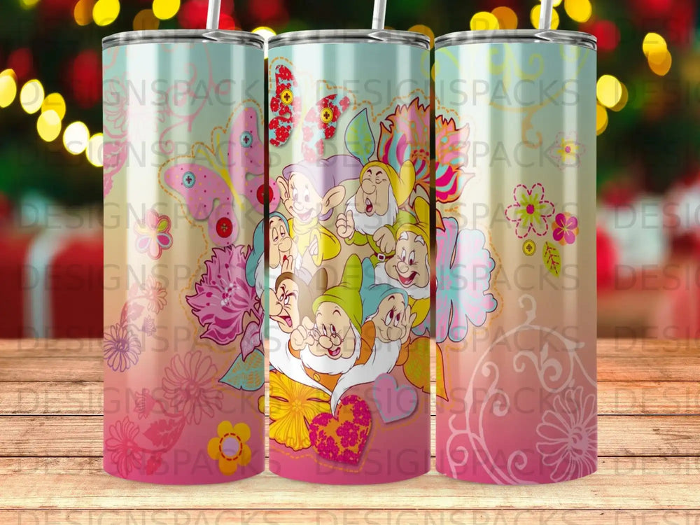 Snow White and the Seven Dwarfs on a colorful, patterned tumbler.