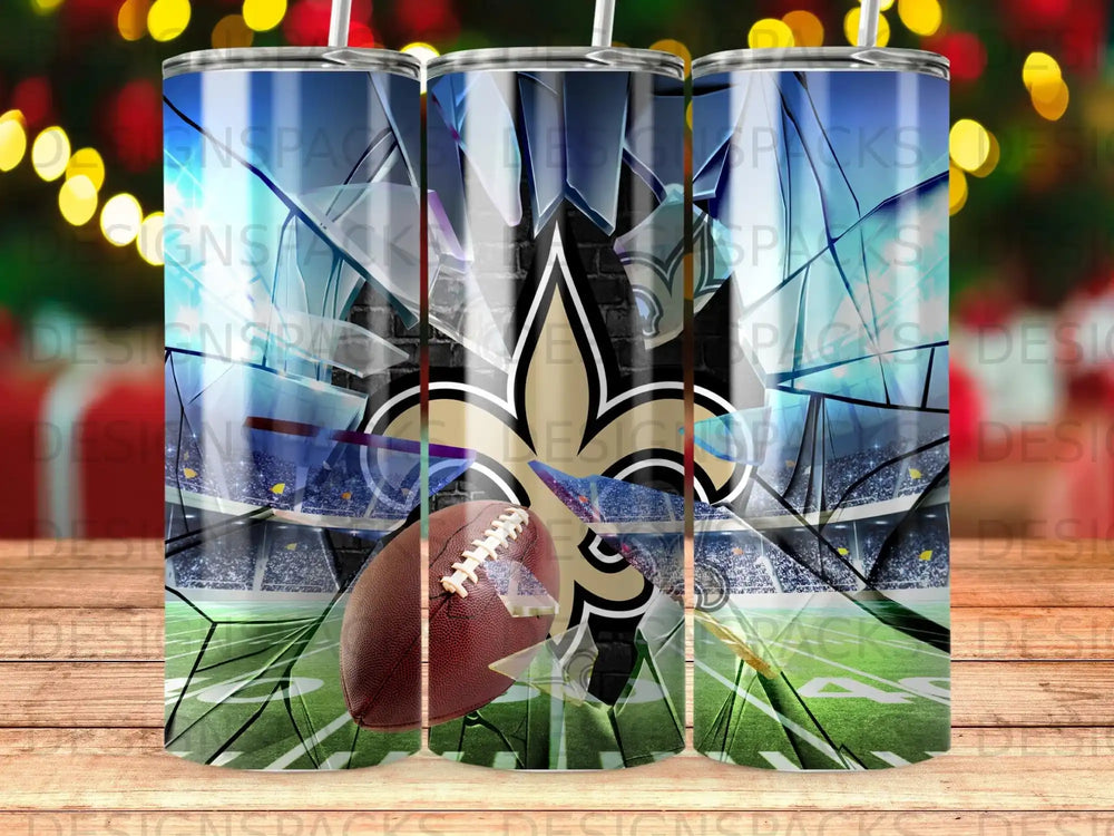 New Orleans Saints football logo with stadium background and football.