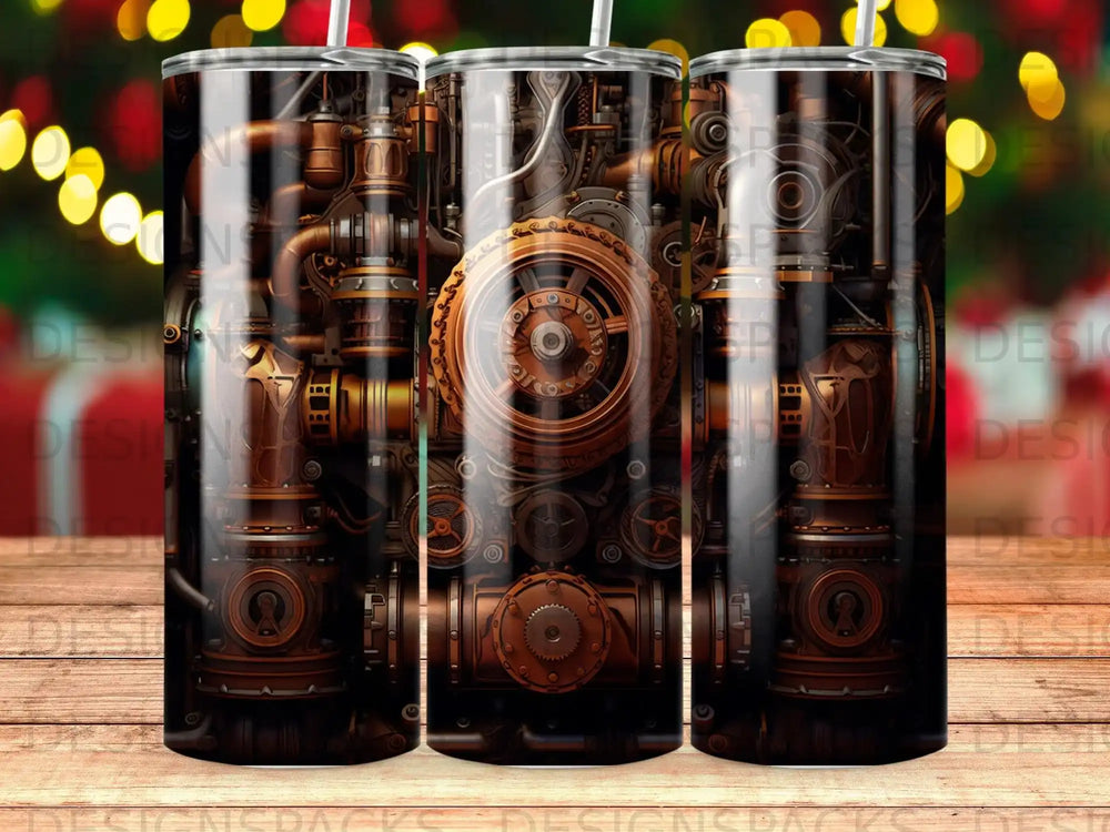 Steampunk gears and mechanical details on a dark background tumbler.