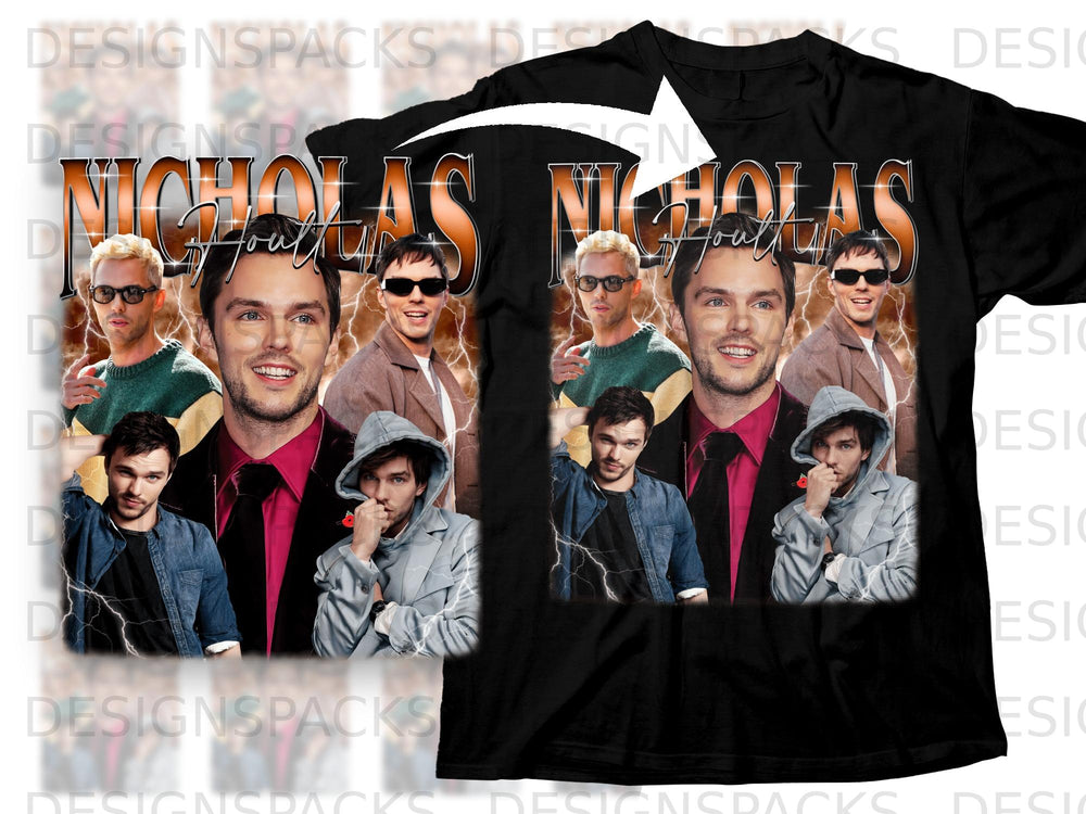 Nicholas Hoult collage with lightning effect on a black t-shirt.