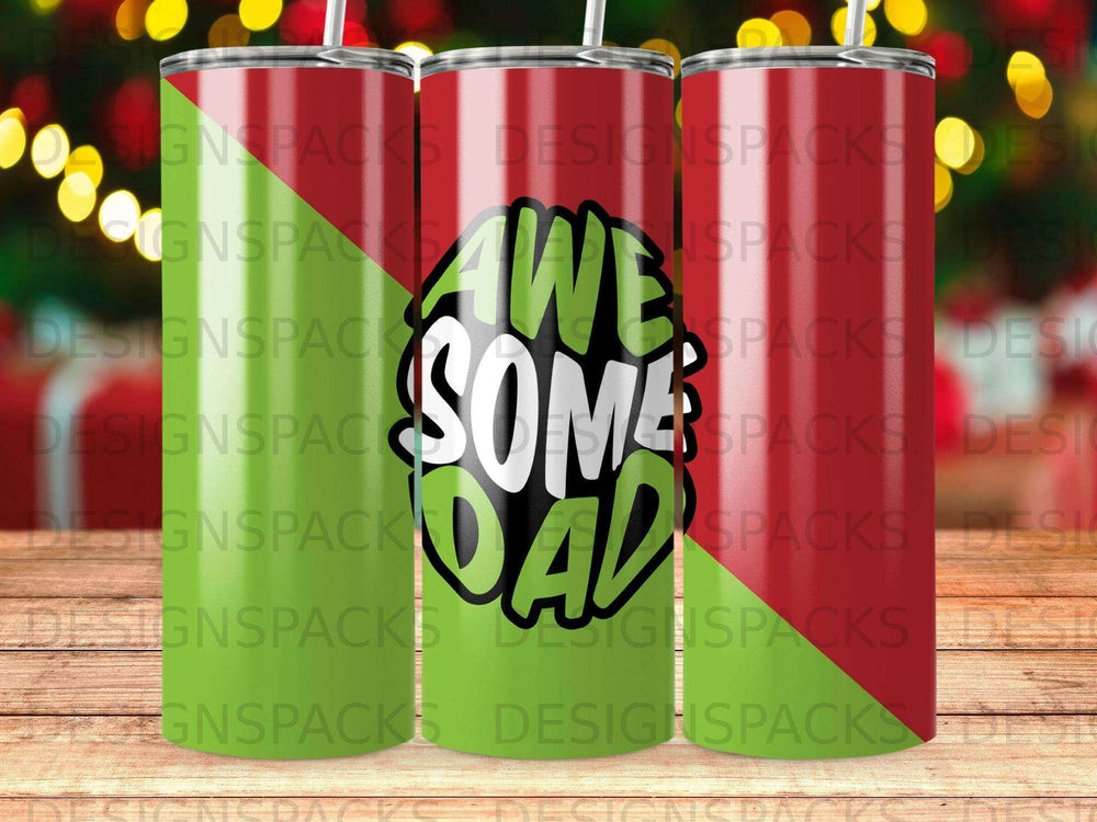 Tumbler with "Awesome Dad" text and festive stripes.