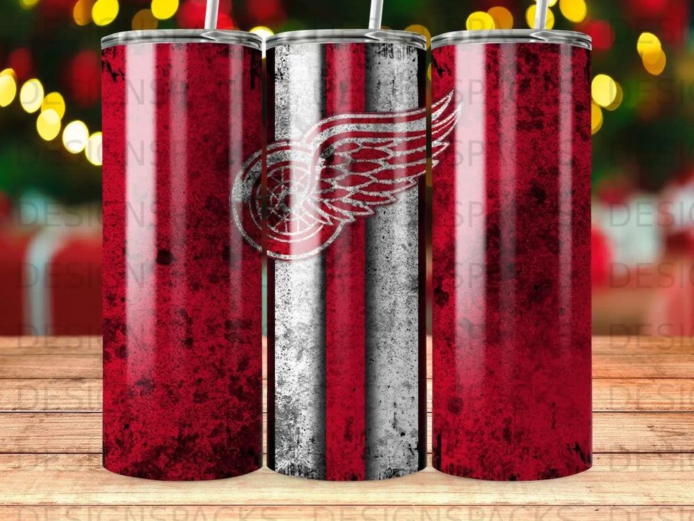 Detroit Red Wings logo on a distressed red and white striped tumbler.