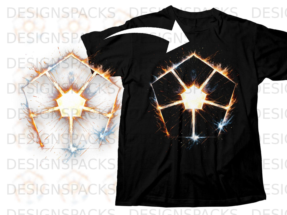 Black t-shirt with a glowing, starburst-like geometric design.