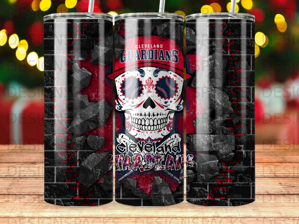 Cleveland Guardians skull design on a tumbler with brick background.