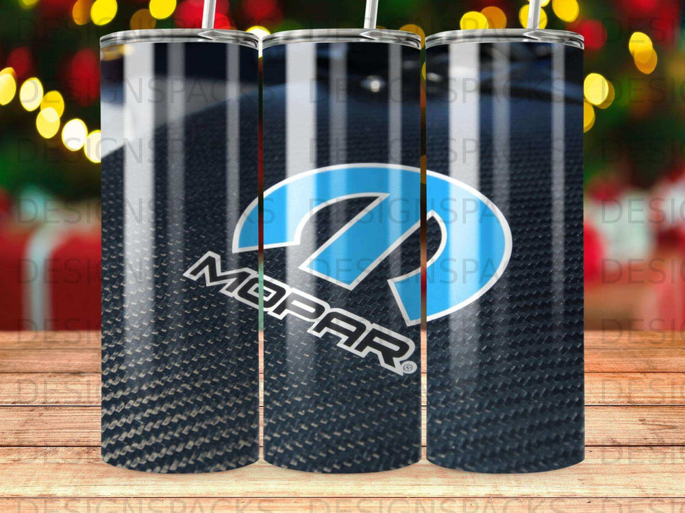 Mopar logo on carbon fiber background with blurred festive lights.