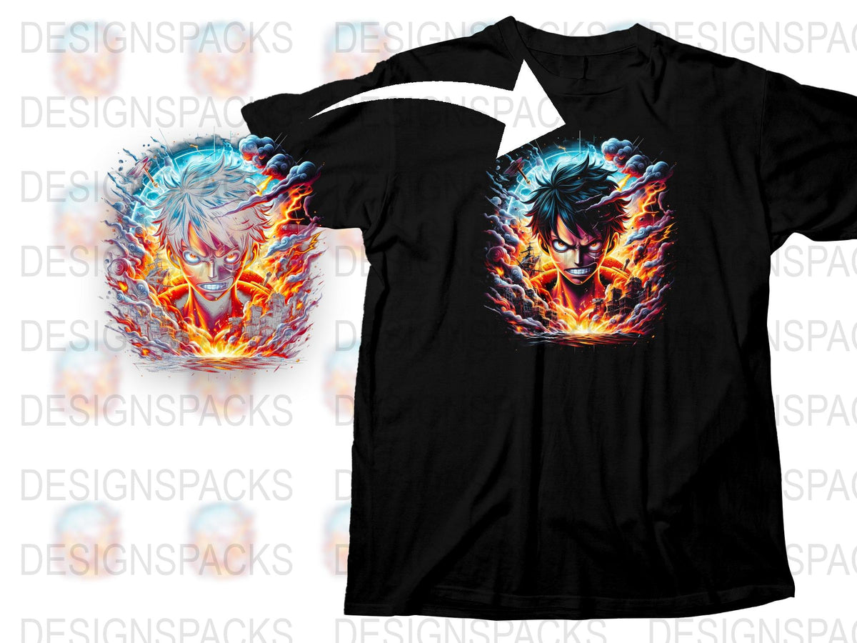 Anime Fire Graphic T-Shirt, Cool Manga Character Design Tee, Unisex Black Cotton Shirt, Flame Hero Print, Casual Fashion Top