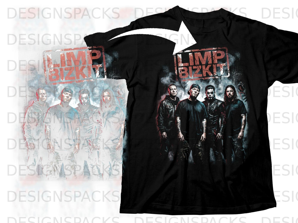 Black t-shirt with Limp Bizkit band members and logo graphic.
