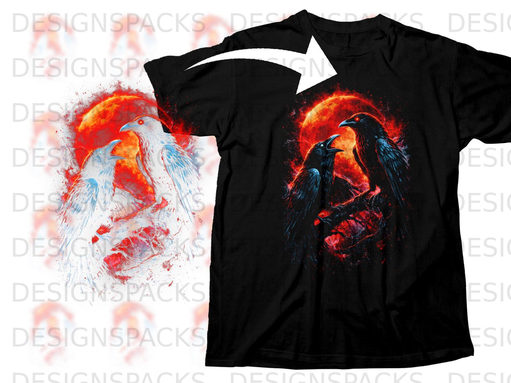 Black t-shirt with print of two dark ravens and a fiery red sun.