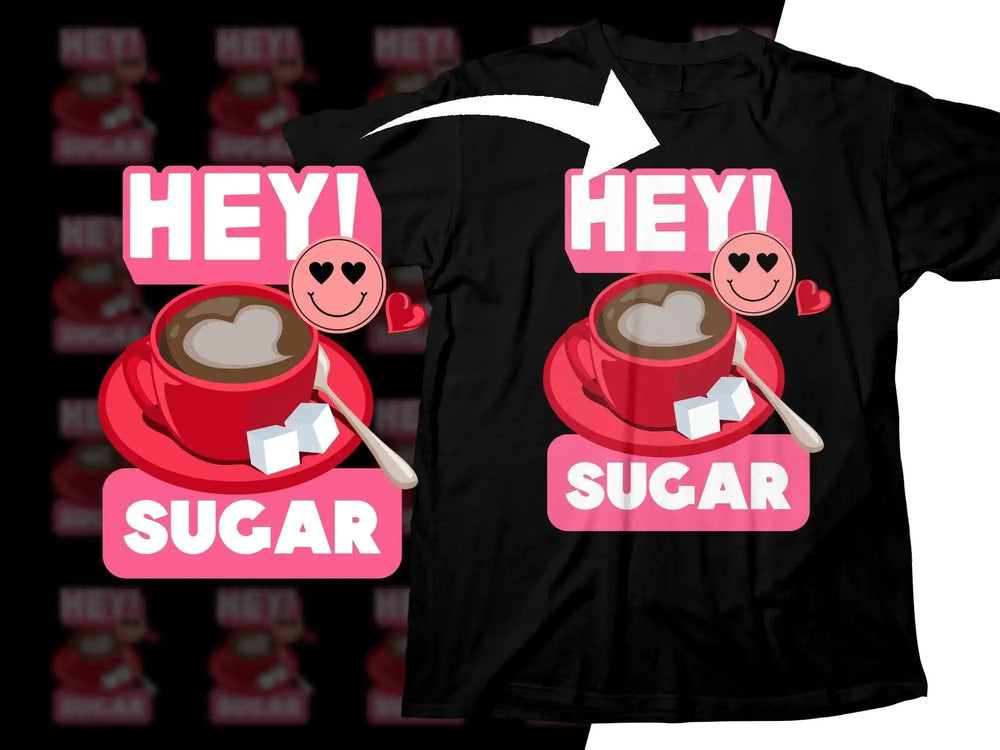 Hey Sugar coffee design on black t-shirt with heart emoji and sugar cubes