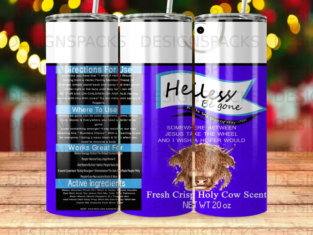 Heifer repellent spray with "Heifer Be Gone" and a cow on the label.