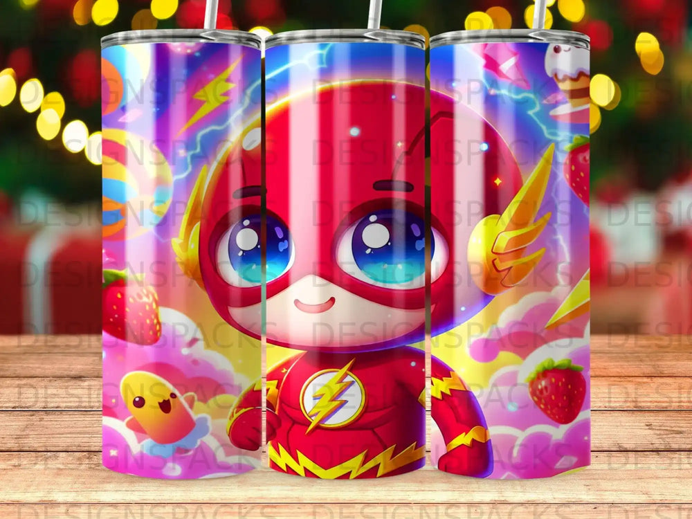 Flash cartoon character with lightning bolt on chest, surrounded by strawberries.