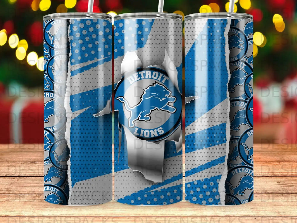 Detroit Lions logo on a ripped-paper-effect tumbler with blue and white accents.