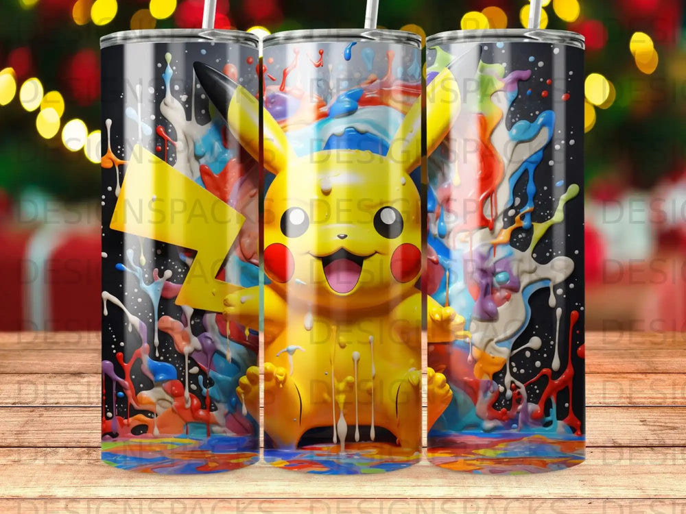 Pikachu character surrounded by colorful paint splashes on a tumbler.