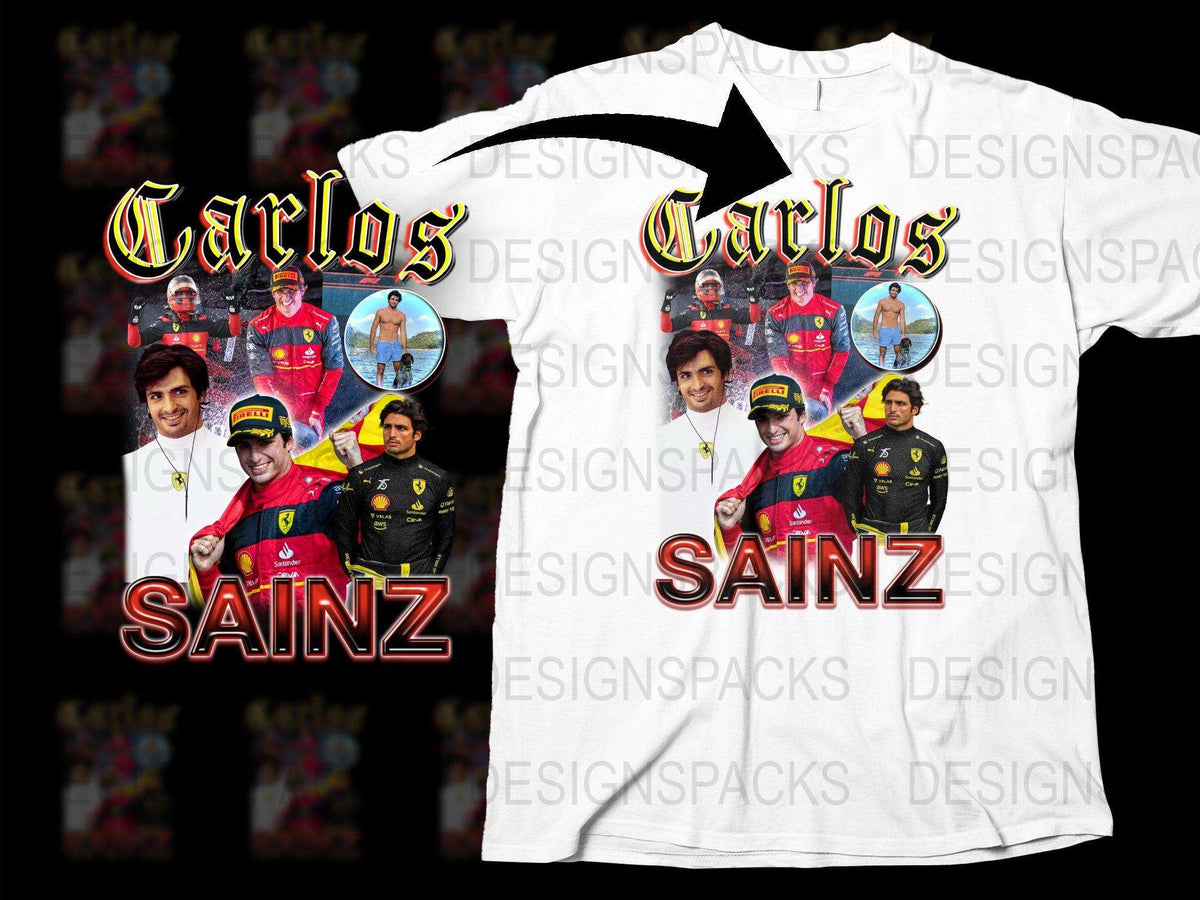 Carlos Sainz Tribute T-Shirt, Formula 1 Racing Legends, Fan Apparel, White Graphic Tee with Driver Images and Name