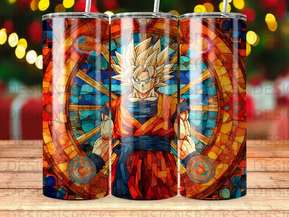 Dragon Ball Z character Super Saiyan Goku in stained glass art on a tumbler.