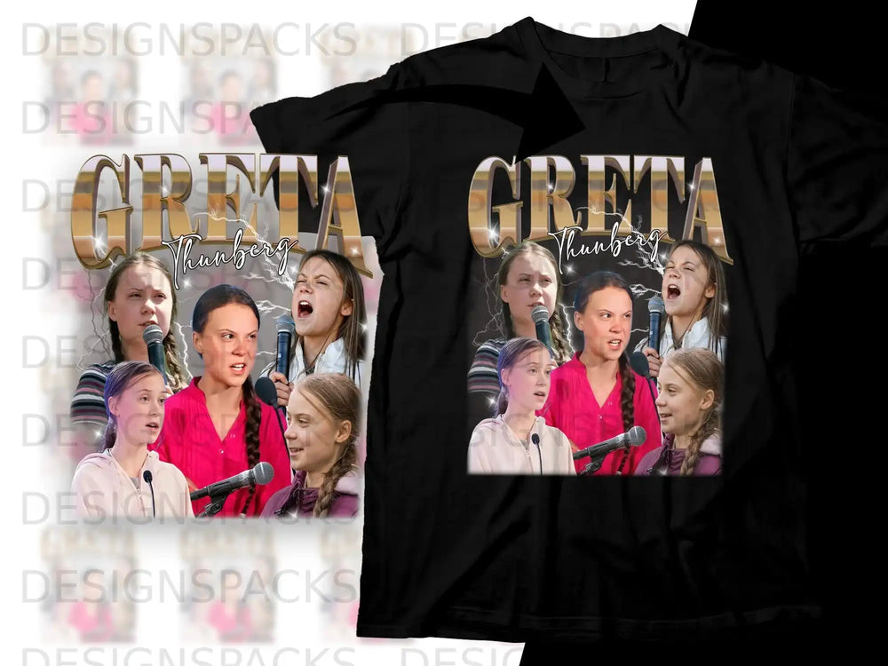 Greta Thunberg on a black t-shirt design with pink and white text.
