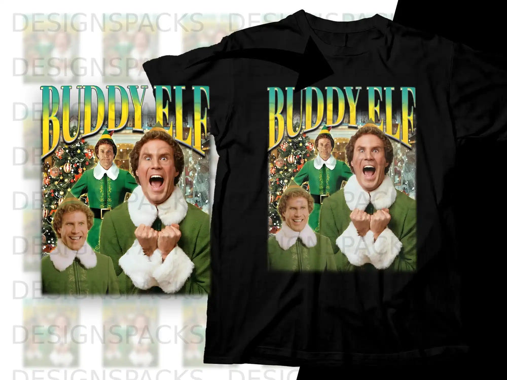 Buddy the Elf on a green t-shirt with a movie poster background.