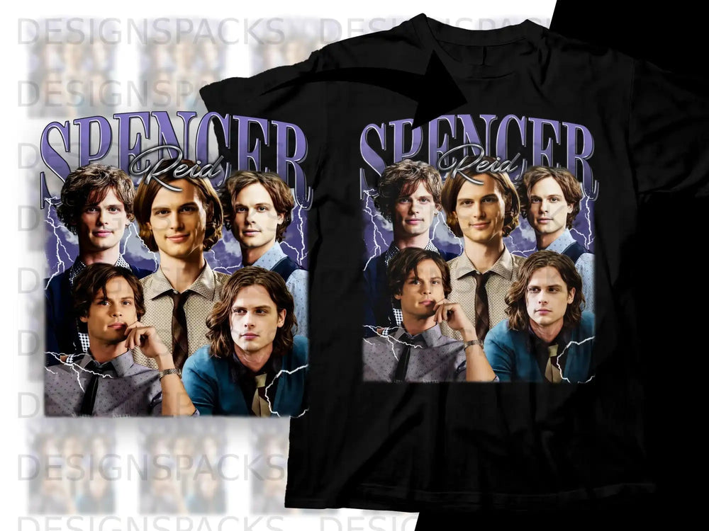Black t-shirt featuring a collage of Spencer Reid from Criminal Minds.