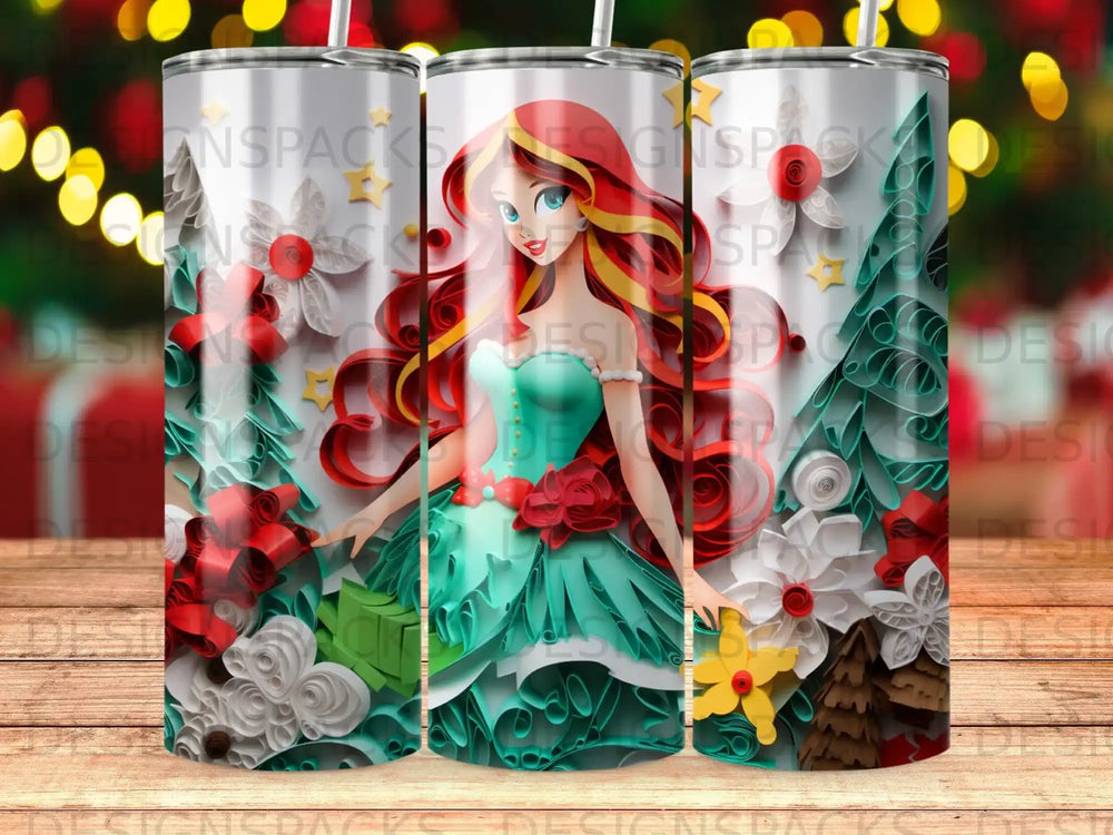 Ariel from The Little Mermaid with red hair and green dress surrounded by papercraft flowers.