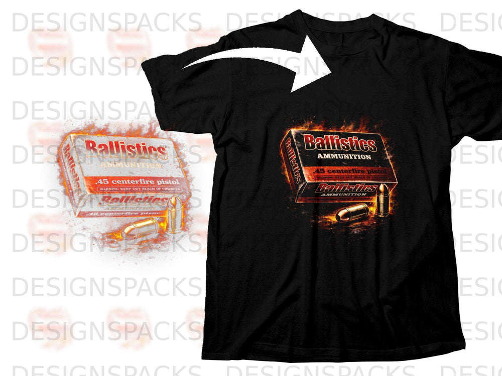 Black t-shirt with a graphic of a "Ballistics AMMUNITION .45 centerfire pistol" box and bullets.