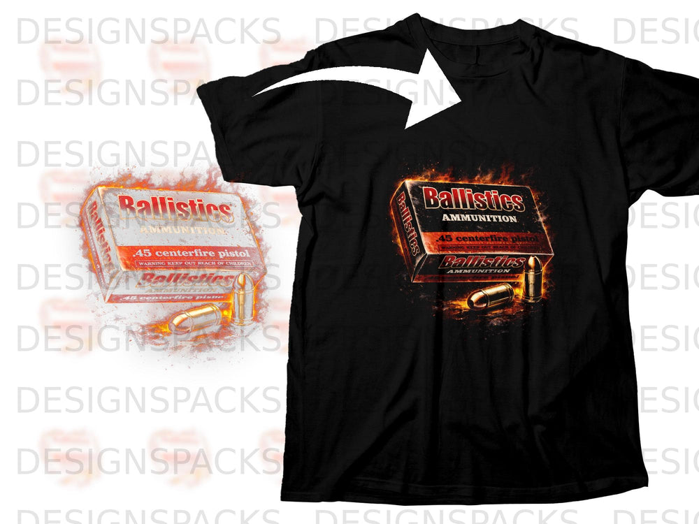 Black t-shirt with a graphic of a "Ballistics AMMUNITION .45 centerfire pistol" box and bullets.