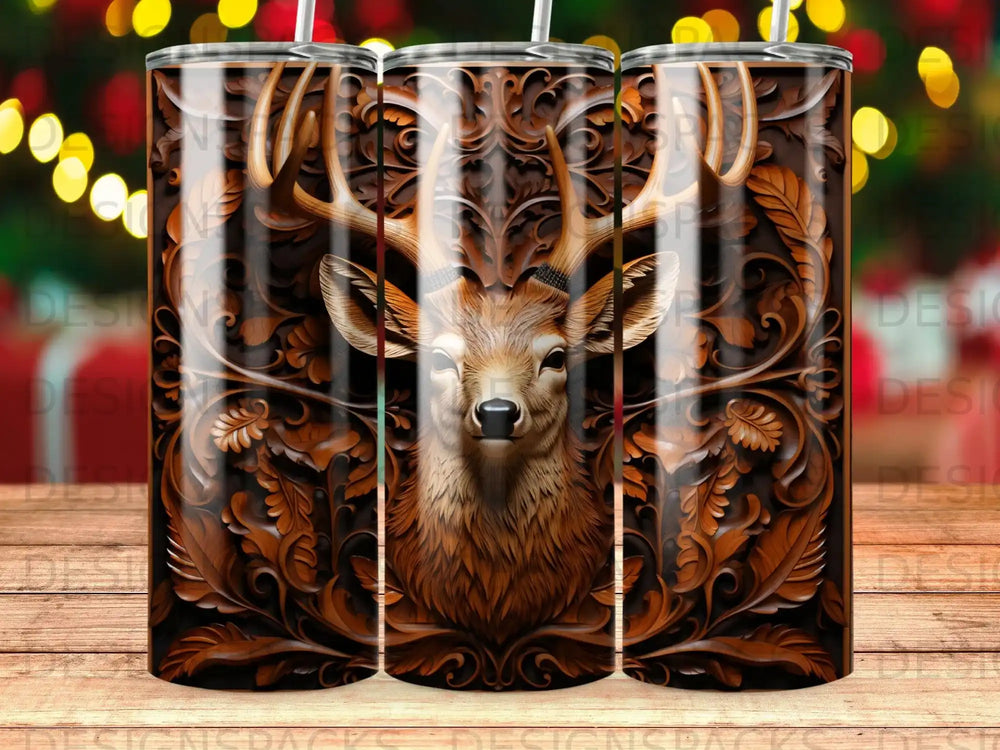 Tumbler with a detailed wood carving of a deer's head and antlers.