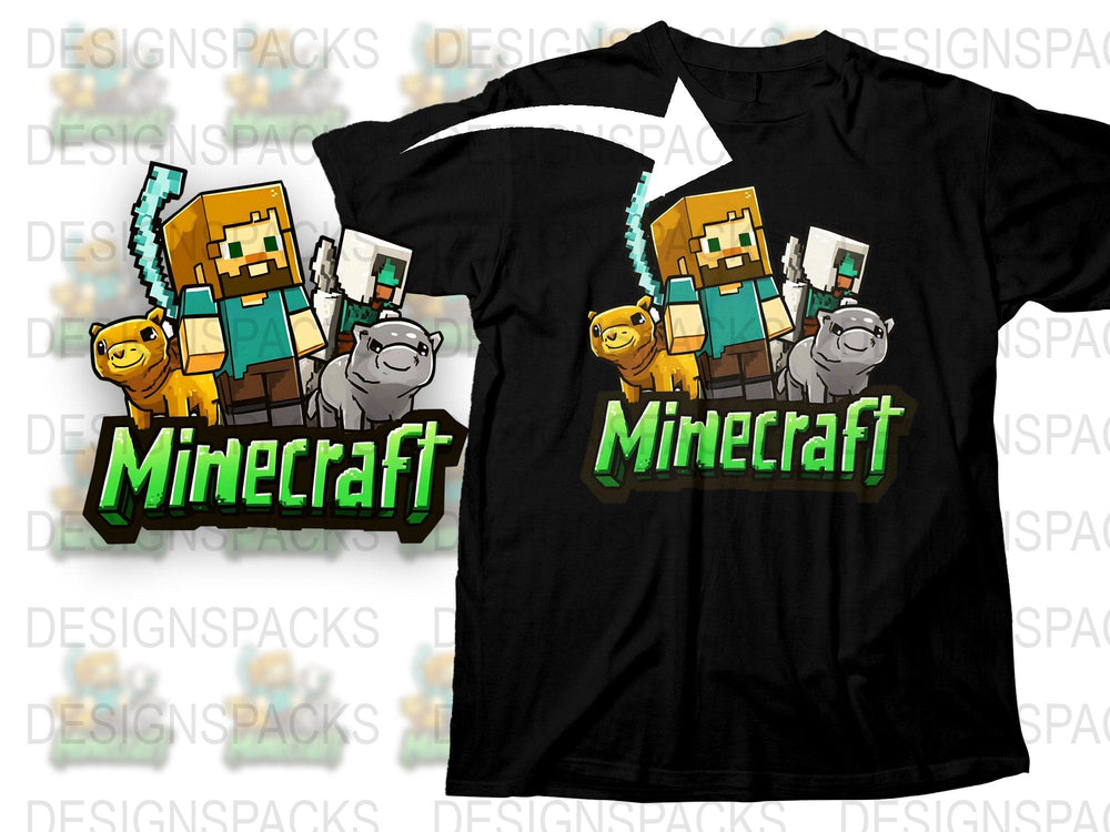 Minecraft T-Shirt with Steve and Blocky Animal Graphics, Kids' Gaming Apparel