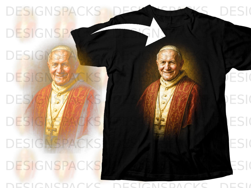 Black t-shirt with a portrait of Pope John Paul II wearing red vestments.