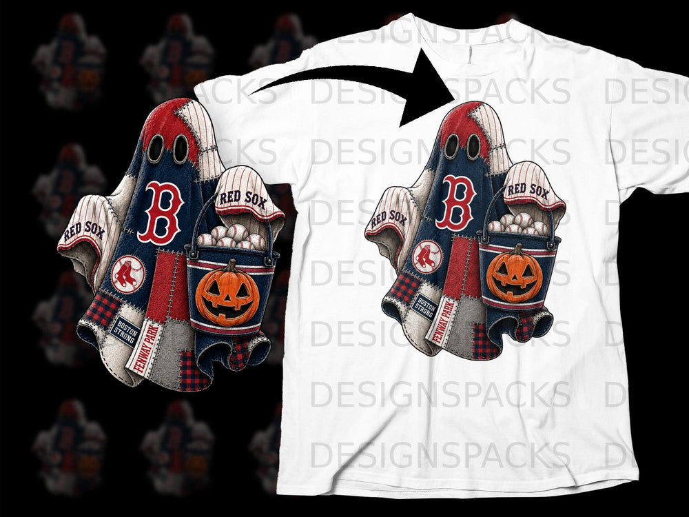 Boston Red Sox baseball ghost with pumpkin and baseball bucket.