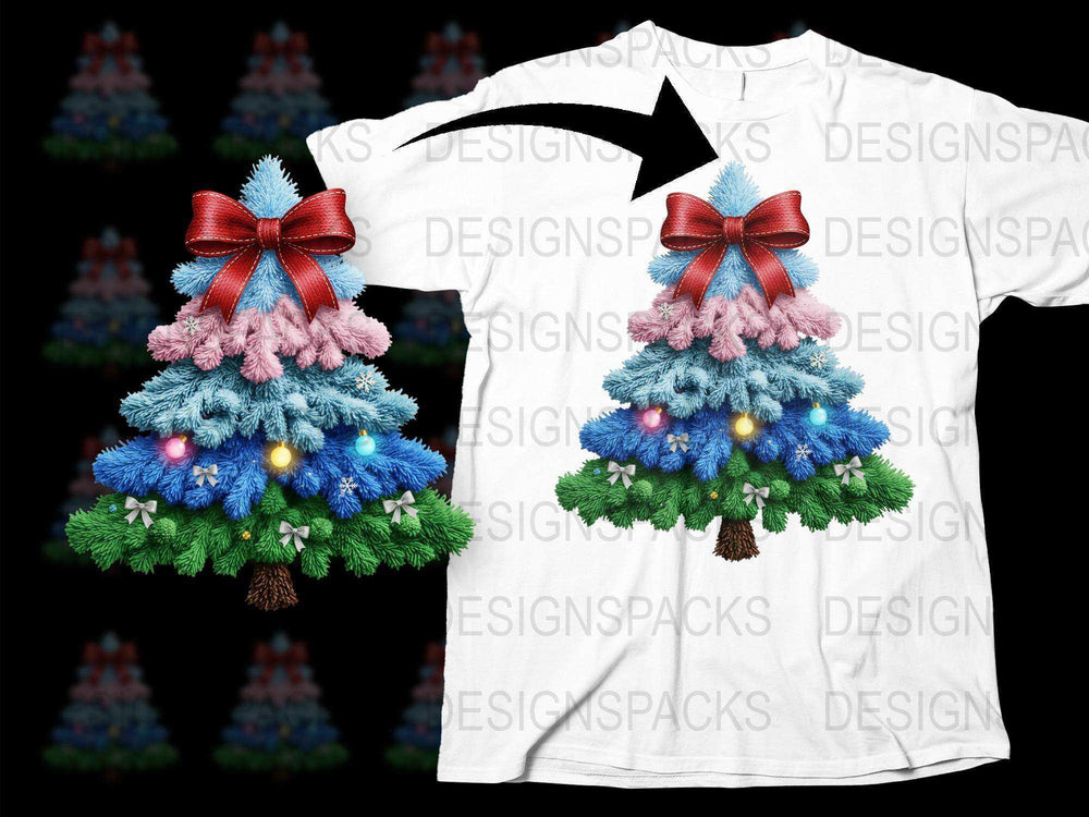 Festive Christmas Tree Graphic T-Shirt, Colorful Lights and Bows, Holiday Casual Wear for All Ages