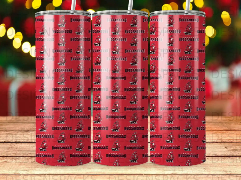 Red and gold Tampa Bay Buccaneers logo repeated on tumblers.