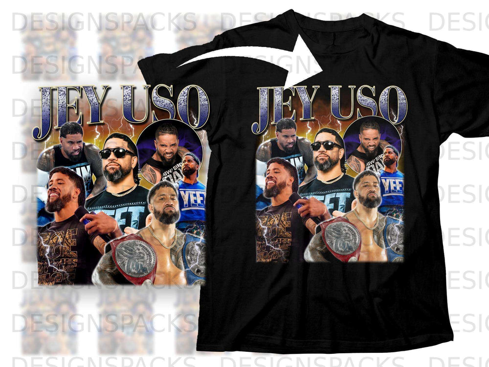 T-shirt graphic featuring Jey Uso with championship belts and "YEET" text.