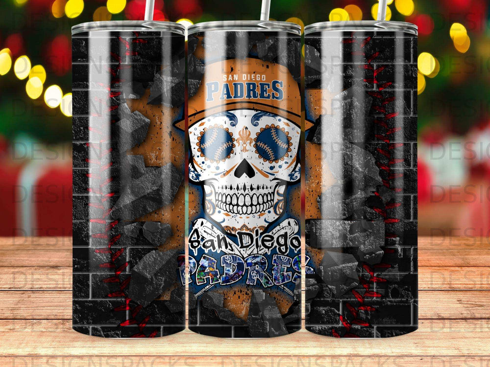 San Diego Padres skull design on a black brick background with a distressed look.