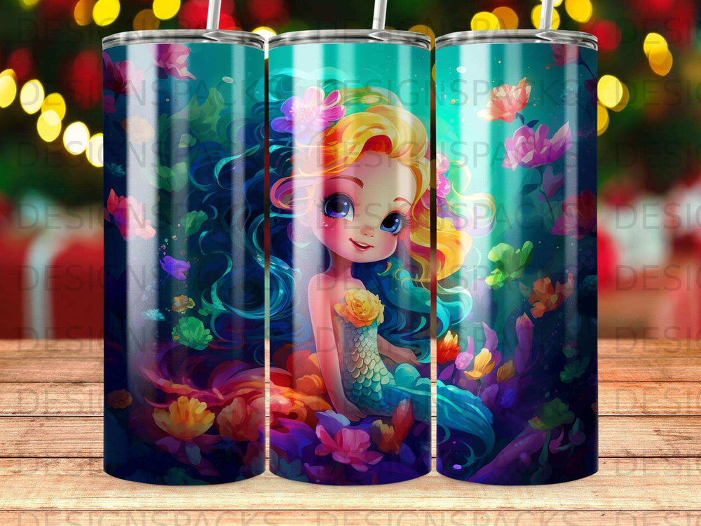 Mermaid with colorful hair and tail sitting amongst coral and sea anemones.