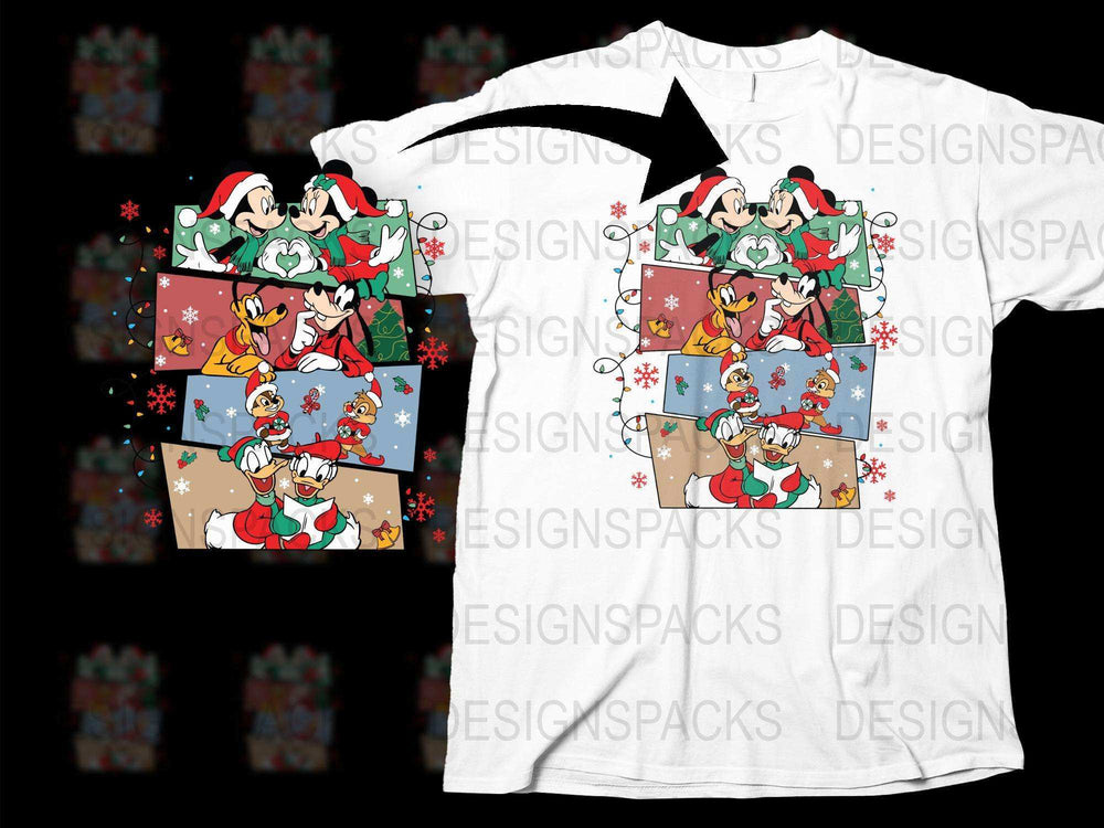 Festive Holiday T-Shirt with Cartoon Mouse Family Christmas Design, Snowflakes Pattern White Tee
