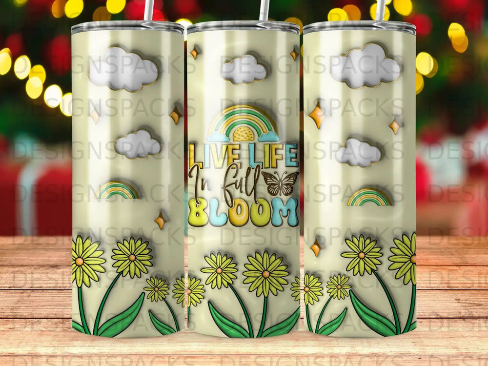 Tumbler with floral and rainbow design, featuring text "Live Life In Full Bloom".