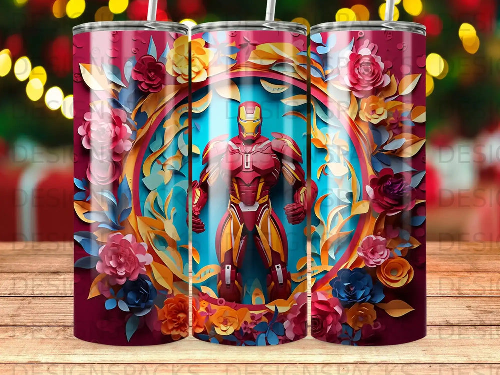 Iron Man in armor surrounded by floral papercraft inside a circular frame.