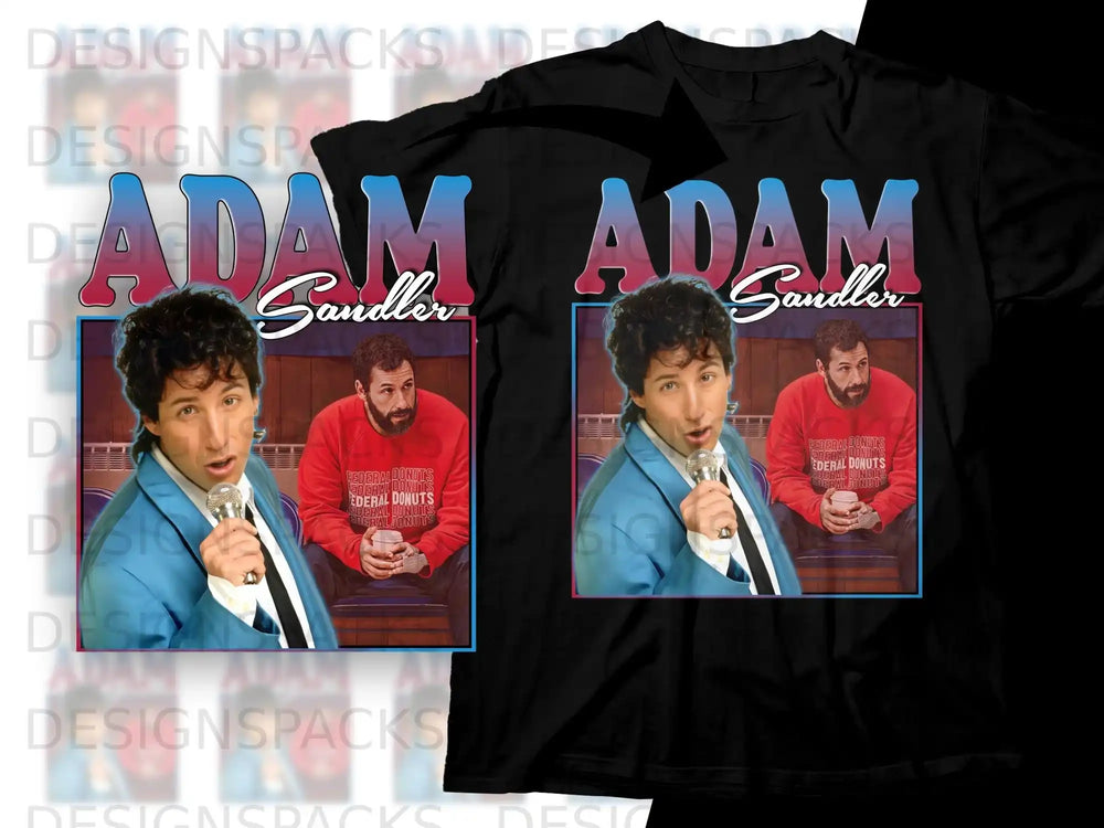 Adam Sandler in a blue suit and red shirt with "Federal Donuts" logo.