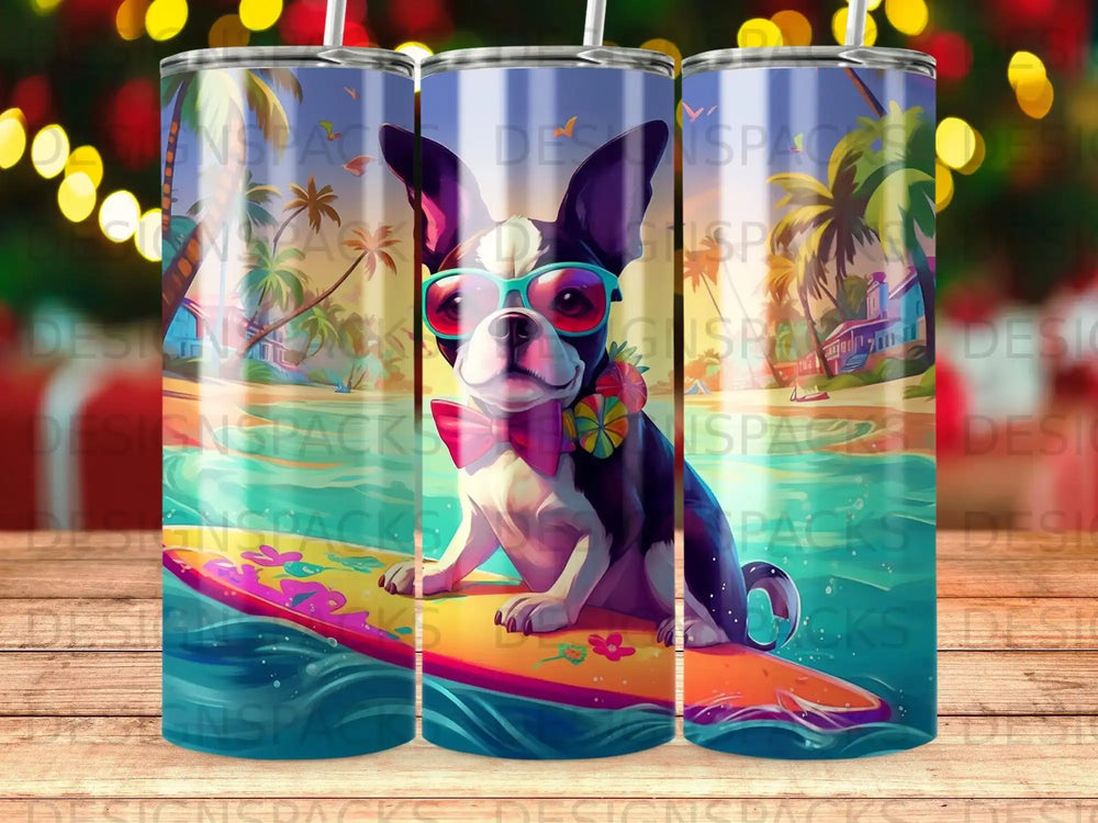 French bulldog in sunglasses and bow tie on a surfboard.