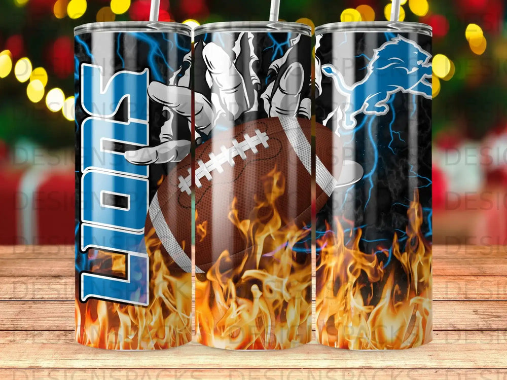 Lions football tumbler with flames and lightning bolt design.