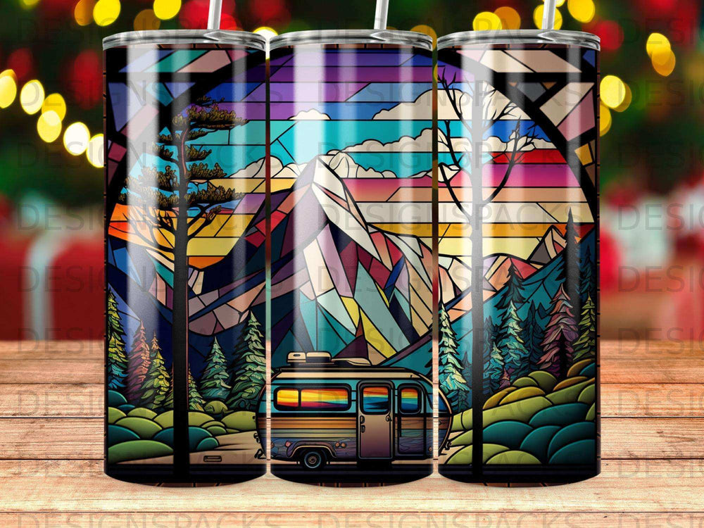 Colorful stained glass camper van scene with mountains and trees.