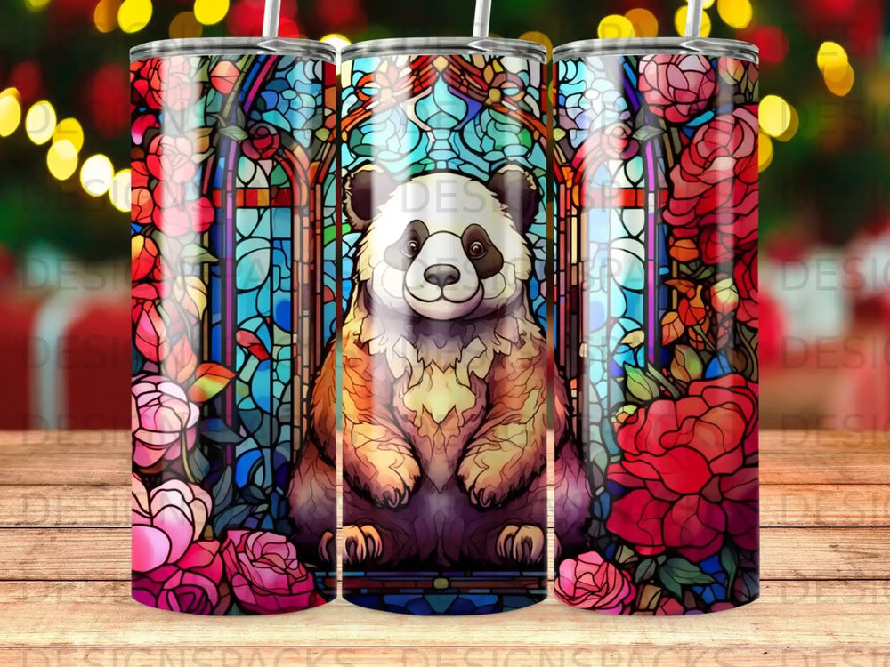 Panda in stained glass with roses, 20oz tumbler design.