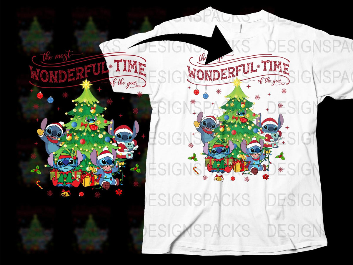 Stitch Christmas T-Shirt, Festive Holiday Tee, Wonderful Time Design, Kids and Adult Sizes Available