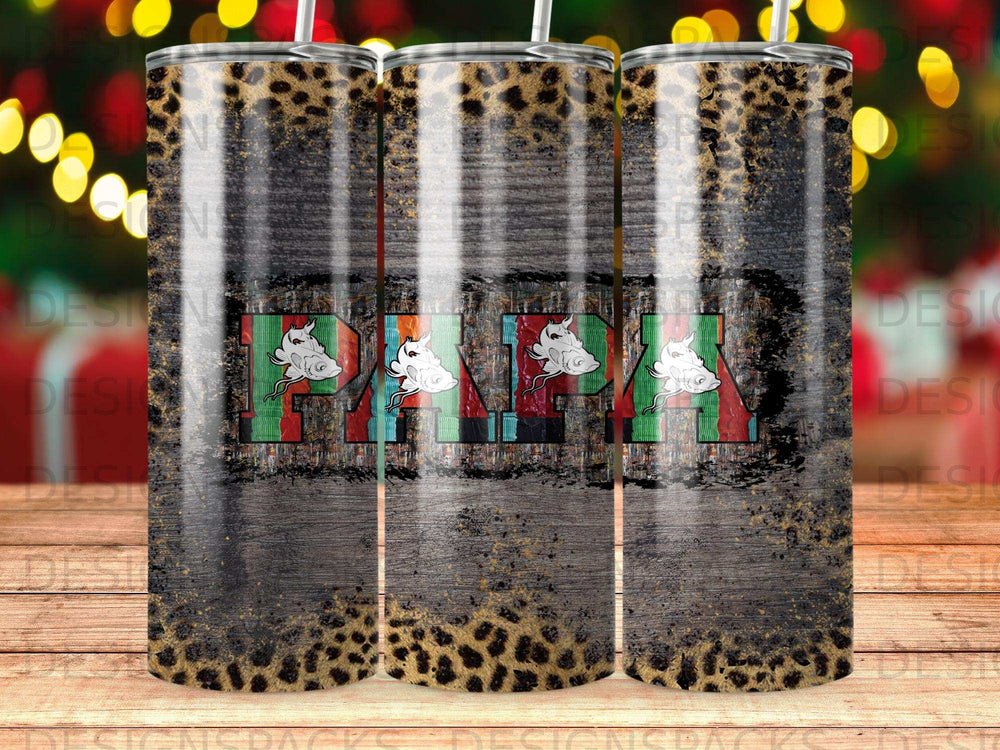 Tumbler with "PAPA" text, leopard print, and wood grain texture.