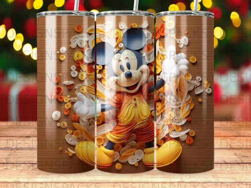 Mickey Mouse in yellow overalls and red shoes, surrounded by paper quills.