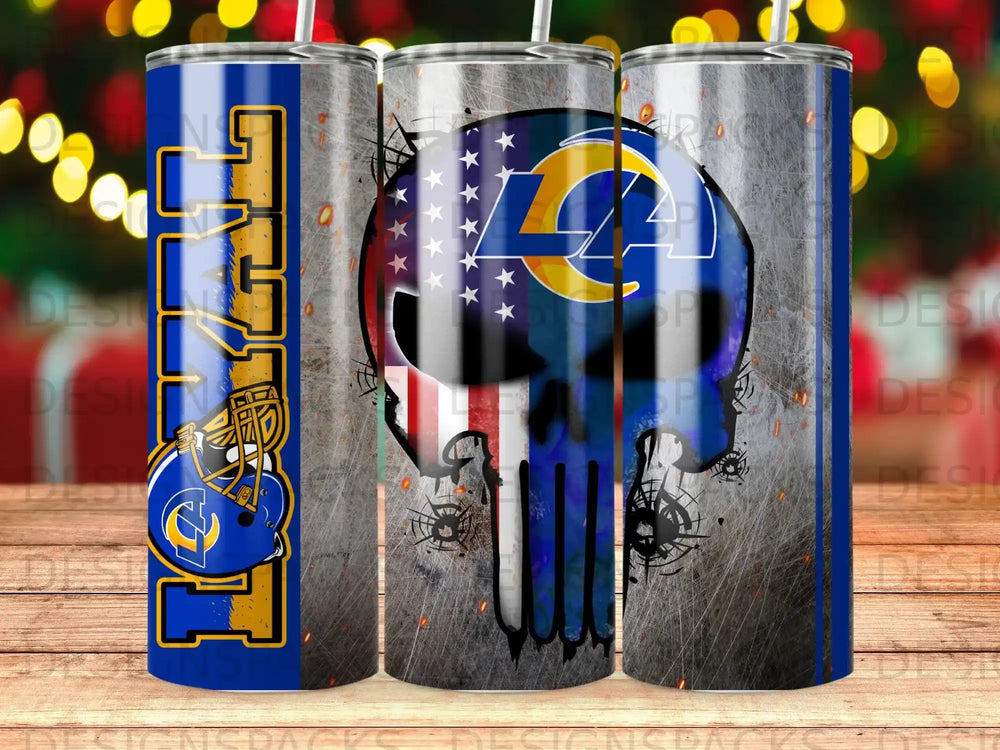 Los Angeles Rams skull logo on a tumbler with American flag details.
