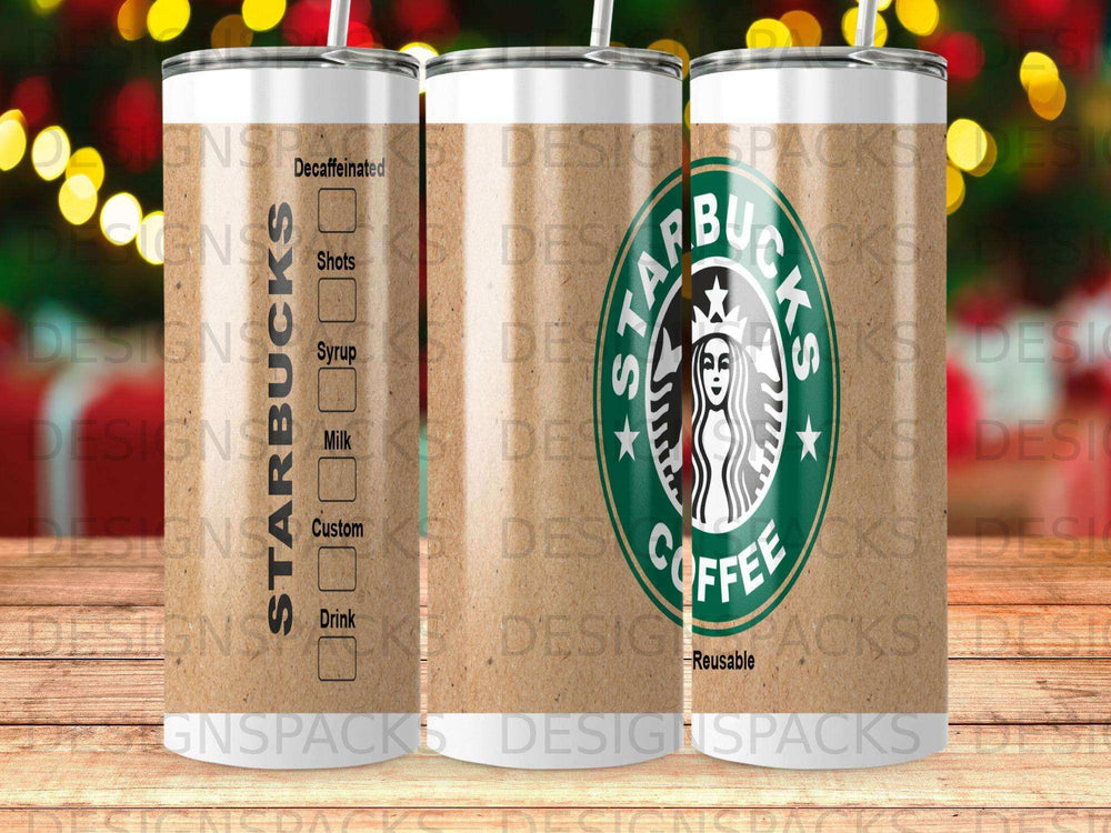 Starbucks reusable coffee tumbler with straw, showing logo and drink options.