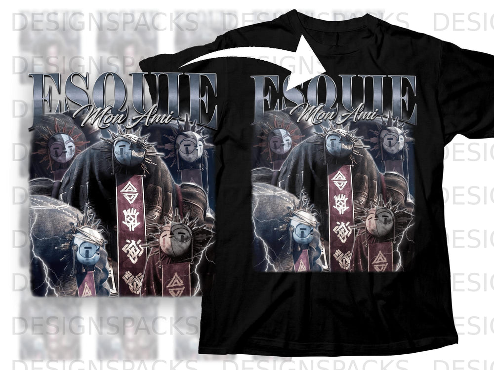 Black t-shirt with "ESQUIE Mon Ami" text and dark figures with masks.