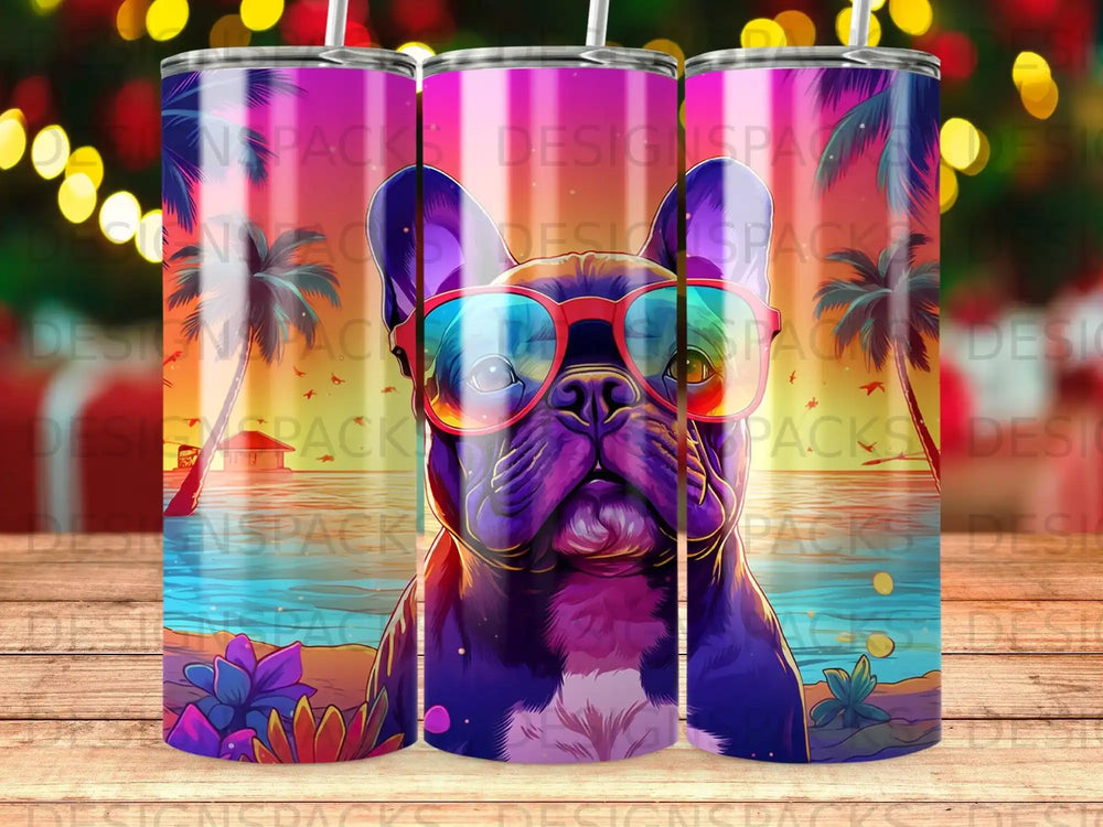 French bulldog wearing sunglasses on a tropical beach, colorful sunset background.